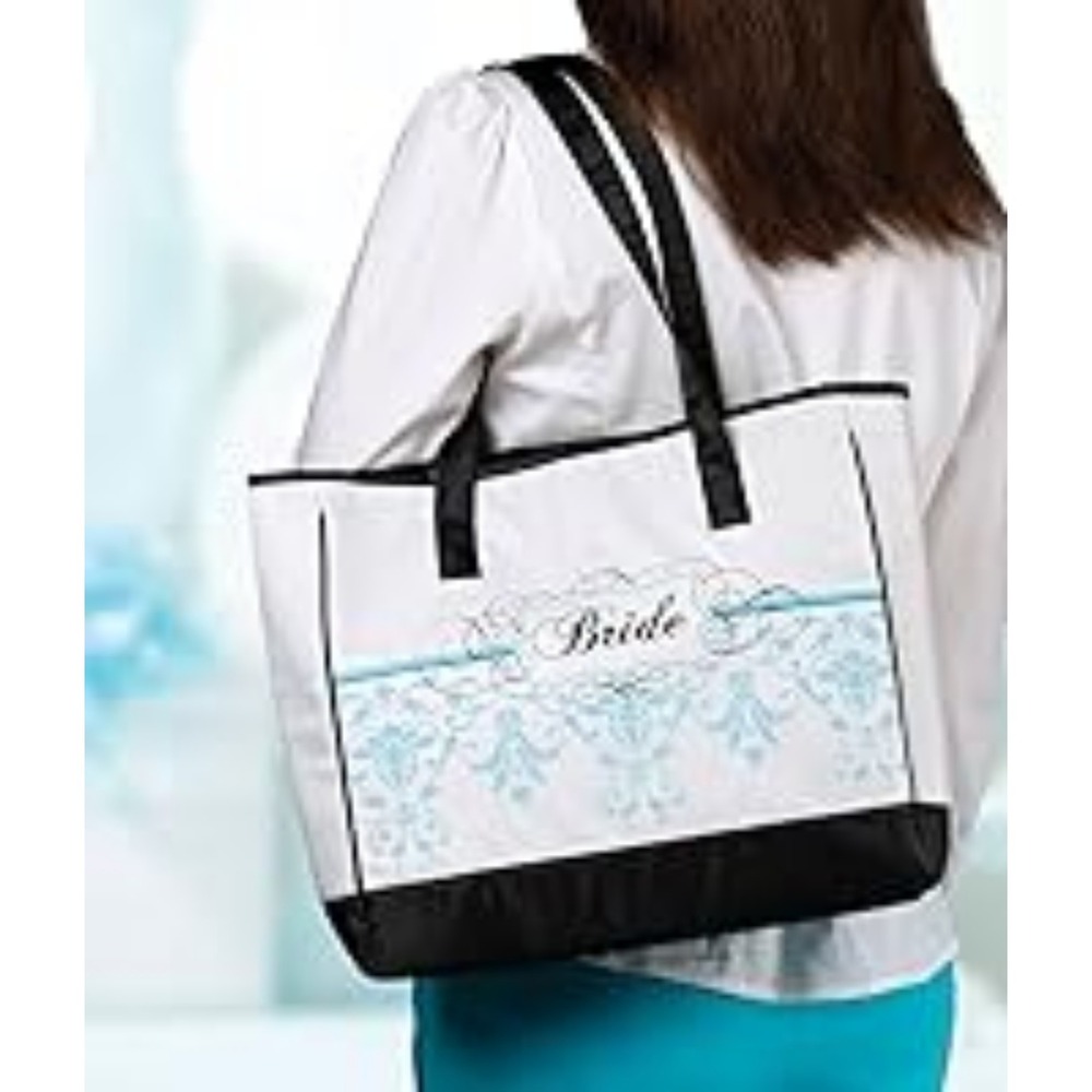 NWT Lillian Rose Bride Tote Shoulder Hand Weekend bag satchel 13x12x4 Teal White